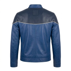 Wholesale Mens Two Tone Blue <b>Leather</b> <b>Biker</b> <b>Jacket</b> Contrast White Piping Snap Tab Stand Collar Cafe Racer B2B Custom Manufacturer - Product Image 2