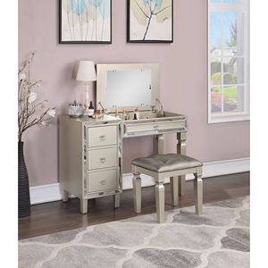 Tradizionale colore argento formale Set di mobili da camera da letto 1pc Tufted sedile sgabello vanità w cassetti di stoccaggio per il trucco vanità - Product Image 2