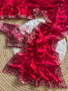 Party Wear Fandy <b>Satin</b> Silk <b>Saree</b> With Embroidery Sequence Work And Multi Borders With Aarco Paired With Fully Stitched Blouse - Product Image 2
