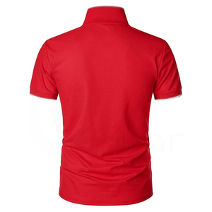 Polo Rojo de Manga Corta para Hombre, Color Sólido, Tejido de Punto, Estilo Casual con Ribete Blanco en el Cuello y los Puños - Product Image 3
