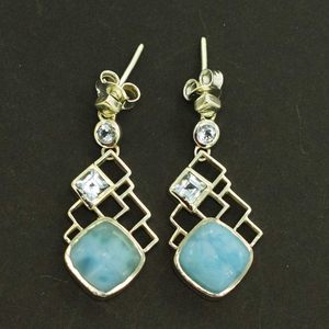 Boucles d'oreilles pendantes classiques de haute qualité en argent sterling 925 avec topaze bleue et larimar taille coussin, multi-pierres, pour femmes, cadeaux de fête - Product Image 1