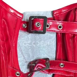 Corset sexy rouge en cuir, style overbust, avec baleines en acier, cincher de taille, décolleté profond et boucles frontales - Product Image 6