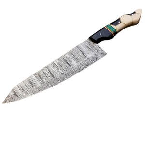 Couteau de Chef de Cuisine à Motif Damas Argenté avec Manche Géométrique en Ivoire Noir et Accent Multicolore, Lame Tranchante pour Viande - Product Image 2