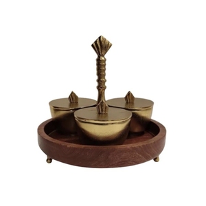 3 Piece <b>Metal</b> <b>Bowl</b> Wooden Dry Fruit Serving Tray Set with Lid Center Handle Gold Snack Platter Tabletop Decors - Product Image 1