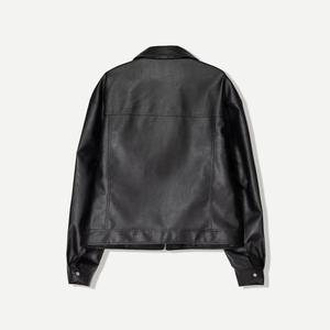 Men's Black <b>Leather</b> <b>Jacket</b> Turn-down Collar Zipper Closure Casual Style Regular Length Solid Color - Product Image 2