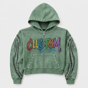 Streetwear Hoodie Supplier Distressed Embroidery Rhinestone Acid Wash Vintage Stone Wash Oversized Fit MOQ 10 - Product Image 6