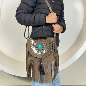 New Arrival Genuine Cowhide Leather Fringe Crossbody <b>Bag</b> with Turquoise Concho Bohemian Suede Leather Western Handbag <b>for</b> Women - Product Image 4