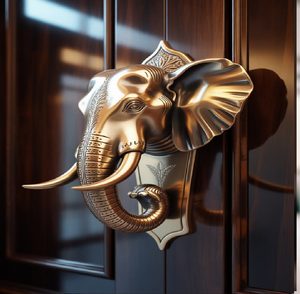Elegante timbre de puerta de latón con cabeza de elefante, colmillos detallados y placa trasera grabada, disponible a precios de mayorista. - Product Image 1