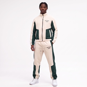 Conjunto deportivo de dos piezas para hombre, color verde bosque, marrón claro, chaqueta cortavientos con paneles curvos y pantalones deportivos a juego, estilo streetwear. - Product Image 2