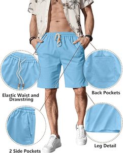 Shorts de plage décontractés pour hommes en tissu Oxford respirant, bleu clair, avec logo frontal, taille mi-haute et cordon de serrage - Product Image 6