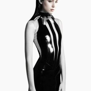 Black Latex Halter Bodycon <b>Dress</b> With Contrast Side Stripes Fitted Sleeveless Midi Party Wear Sexy Style - Product Image 2