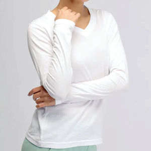 T-shirt décontracté pour femme en coton biologique 100 % écologique, respirant, à séchage rapide, non tissé, col en V uni, avec logo - Product Image 6