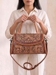 Vintage Western Genuine Leather Messenger Bag Floral Embossed Crossbody <b>Purse</b> Shoulder Handbag Polyester Lining RFID Protection - Product Image 4