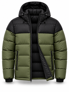 Chaqueta Acolchada con Capucha para Hombre, Invierno, Cálida, Impermeable, Secado Rápido, Cortavientos, Casual, Cierre Frontal, Bloques de Color Verde Oliva y Negro - Product Image 4