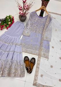 Conjunto de traje Sharara de 3 piezas de georgette sintético pesado de diseñador para mujer – Bordado de lentejuelas con latkan elegante y dupatta de red suave |   Festival - Product Image 2