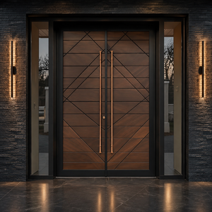 Portes d'entrée battantes contemporaines en bois massif avec design géométrique et panneaux latéraux en verre pour usage extérieur dans les villas et appartements - Product Image 2