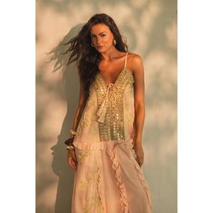 Womens Luxury Pink Elegant V-neck High-Waist 100% Cotton Maxi Dress Ruffles Sleeveless <b>Spaghetti</b> <b>Strap</b> Eco-Friendly Resort Dress - Product Image 4