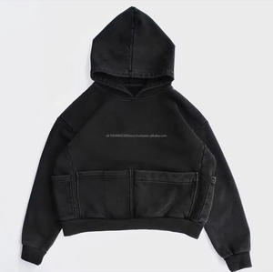 Sudaderas con capucha de gran tamaño sólido hombres mujeres alta calidad pulóver sudadera personalizada 100% algodón peso pesado lavado ácido carga bolsillo Sudadera con capucha - Product Image 2