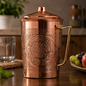 Carafe à eau en cuivre pur avec couvercle, faite à la main, gravée, style ayurvédique, carafe décorative en cuivre pour la maison, la cuisine, l'hôtel - Product Image 2