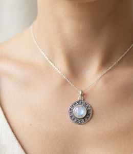 Collar con Colgante de Mandala Solar de Piedra Lunar Arcoíris Redonda de Plata de Ley 925, Chapado en Oro Rosa y Oro Amarillo, Joyería Hecha a Mano para Mujer - Product Image 2