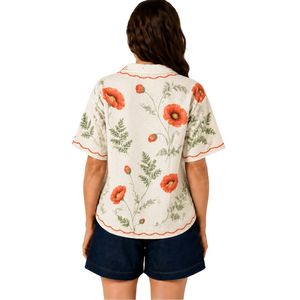 Camisa Blanca con Estampado Floral Naranja para Mujer, Manga Corta, Cierre de Botones, Blusa Casual de Verano de Algodón con Cuello, Tops de Moda Personalizados OEM - Product Image 2