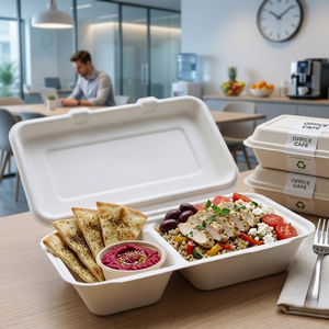 Conteneur alimentaire jetable écologique en forme de coquille |   Boîte à emporter en bagasse pour emballage en vrac, pour plats chauds et froids, burgers et frites - Product Image 2