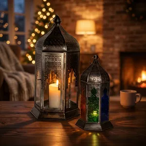 Hexagon <b>Metal</b> <b>Lantern</b> With Glass Panels Durable Outdoor Candle Holder Home Decoration - Product Image 6