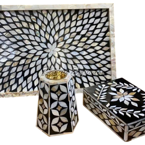 Handmade Mother Of Pearl Inlay Decorative Serving Tray Set With T-Light Holder Luxury <b>Black</b> & White Floral Design Home Decor - Product Image 1
