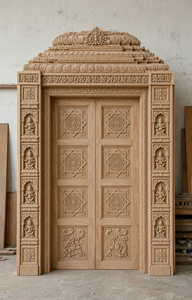Puerta de Madera Tallada Tradicional Ashtalakshmi para Sala de Pooja, Acabado Antiguo, Madera de Teca, Puerta Principal de Madera Sólida para Sala de Pooja, Reino Unido - Product Image 2