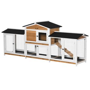 Casetta per Conigli in Legno Bianco da 230 cm con Box a Doppia Faccia, Cuccia per Piccoli Animali e Porcellini d'India, CASSETTA E MOBILI PER ANIMALI DOMESTICI - Product Image 1