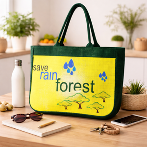 Sac fourre-tout réutilisable en jute bicolore, taille moyenne, avec poignées en corde, imprimé personnalisé motif forêt tropicale, pour la plage et le shopping, style Bengale occidental – Vente chaude - Product Image 1