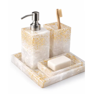 Factory Price Luxury Resin Bathroom Accessories <b>Set</b> with Gold Foil <b>Soap</b> Dispenser Toothbrush Holder <b>Soap</b> Dish & Tray Home Decor - Product Image 1