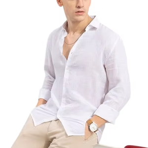 Chemise en lin uni pour homme, col rabattu, couleurs blanc, vert, bleu, beige. 100% Lin Lavé à la Pierre Adouci Écologique Été - Product Image 1