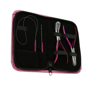 Kit d'extension de cheveux en acier inoxydable avec étiquette personnalisée, micro-anneaux rose vif, perles, pinces et outils d'application à boucle. - Product Image 1