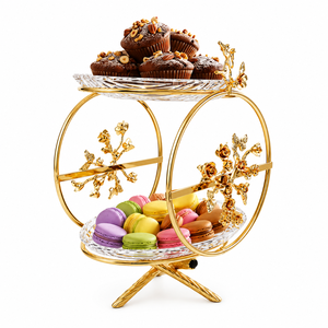 Supports à pâtisserie à deux niveaux de style déco, en aluminium, ornés d'une rose, faits à la main, pour mariage, anniversaire, table, comptoir - Product Image 1
