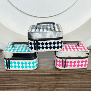 Wholesale Turquoise & White Checkered Hand Tooled Cowhide Leather Jewelry Case Custom Western Style Jewelry Organizer Travel <b>Box</b> - Product Image 5