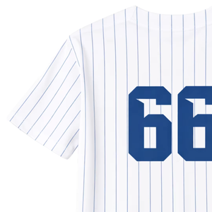 Camiseta de béisbol personalizada para hombre, manga corta, cuello en V, nombre del equipo 66, ropa de poliéster con rayas blancas serigrafiadas - Product Image 5