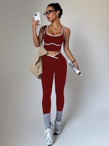Womens 2 Piece Tracksuit Curved Piping Athletic Crop <b>Top</b> and <b>Cross</b> Waist Lift Leggings Set Gym Training Exercise Clothing - Product Image 2