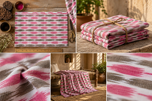 Handmade <b>Eco</b>-<b>Friendly</b> Lightweight pink Ikat Printed Cotton <b>Fabric</b> Wholesale for Women Boys Dress Apparel Home Textile Upholstery - Product Image 5