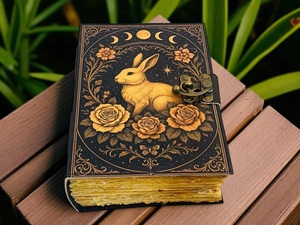 Diario de Cuero Multicolor con Diseño de Fases Lunares de Conejo, Patrón Floral Vintage, Páginas de Acuarela, Cierre Metálico, Libro de Regalo, Herb - Product Image 3