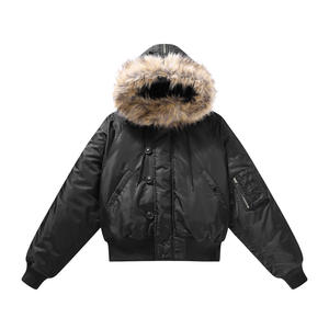 Blouson bomber à capuche vert avec doublure en fausse fourrure, coupe-vent en polyester, fermeture éclair, manteau d'hiver décontracté, longueur courte, unisexe - Product Image 4