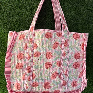 Bolso Tote Bohemio Acolchado de Algodón con Estampado Floral, con Volantes, Cierre Abierto, Dos Asas, para Compras, Bolso de Hombro para Mujer - Product Image 4