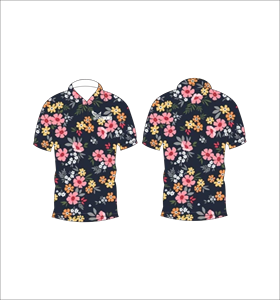เสื้อโปโลลายดอกไม้พื้นหลังสีเข้ม สีชมพู สีเหลือง หลากสี พิมพ์ลายเขตร้อน แขนสั้น ฤดูร้อน ลำลอง มุมมองด้านหน้าด้านหลัง - Product Image 1