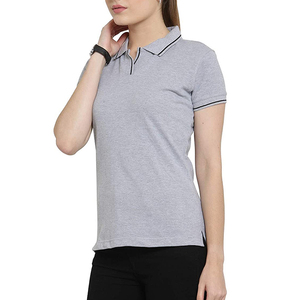 Polo à manches courtes gris pour femme, couleur unie, en coton tricoté, haut décontracté - Product Image 2