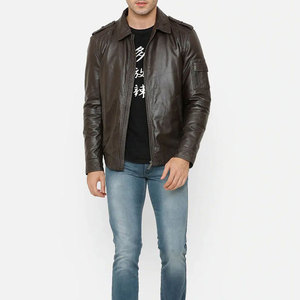 Men's Genuine Leather Moto <b>Jacket</b> Turn-down Collar Zipper Closure Solid Color Regular <b>Fit</b> Autumn Wear - Product Image 2