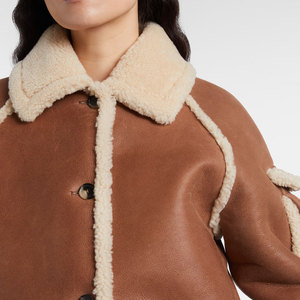 Blouson aviateur en cuir véritable marron pour femme avec col en fourrure, fermeture à boutons, manches longues, style hiver, longueur courte - Product Image 4
