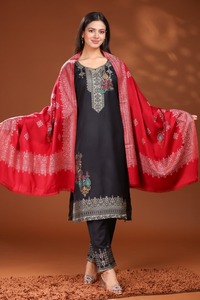 <b>Red</b> Banarasi Wool <b>Saree</b> Zari Border Traditional Indian Salwar Kameez Graduation Wedding Party Festival Women Recycled Materials - Product Image 6