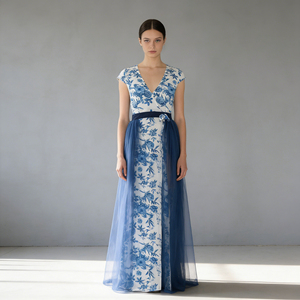 Hot sale on Temu Stylish Blue Floral Maxi <b>Skirt</b> with <b>Sheer</b> Overlay Women's High Waist A-Line <b>Skirt</b> for Bridesmaid Dresses - Product Image 2