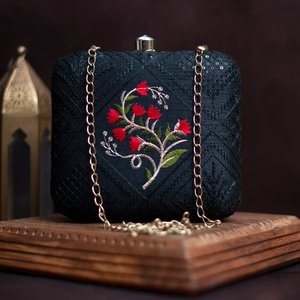 <b>Black</b> And Red Floral Embroidery Clutch <b>Bag</b> Elegant Designer <b>Evening</b> Purse for Women Events - Product Image 1