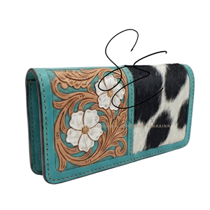 Long Women <b>Tooled</b> Wallet Genuine <b>Leather</b> Hair On Hide Open Closure Card Sleeve Slim Wallet Cowgirl Western Turquoise Purse - Product Image 2